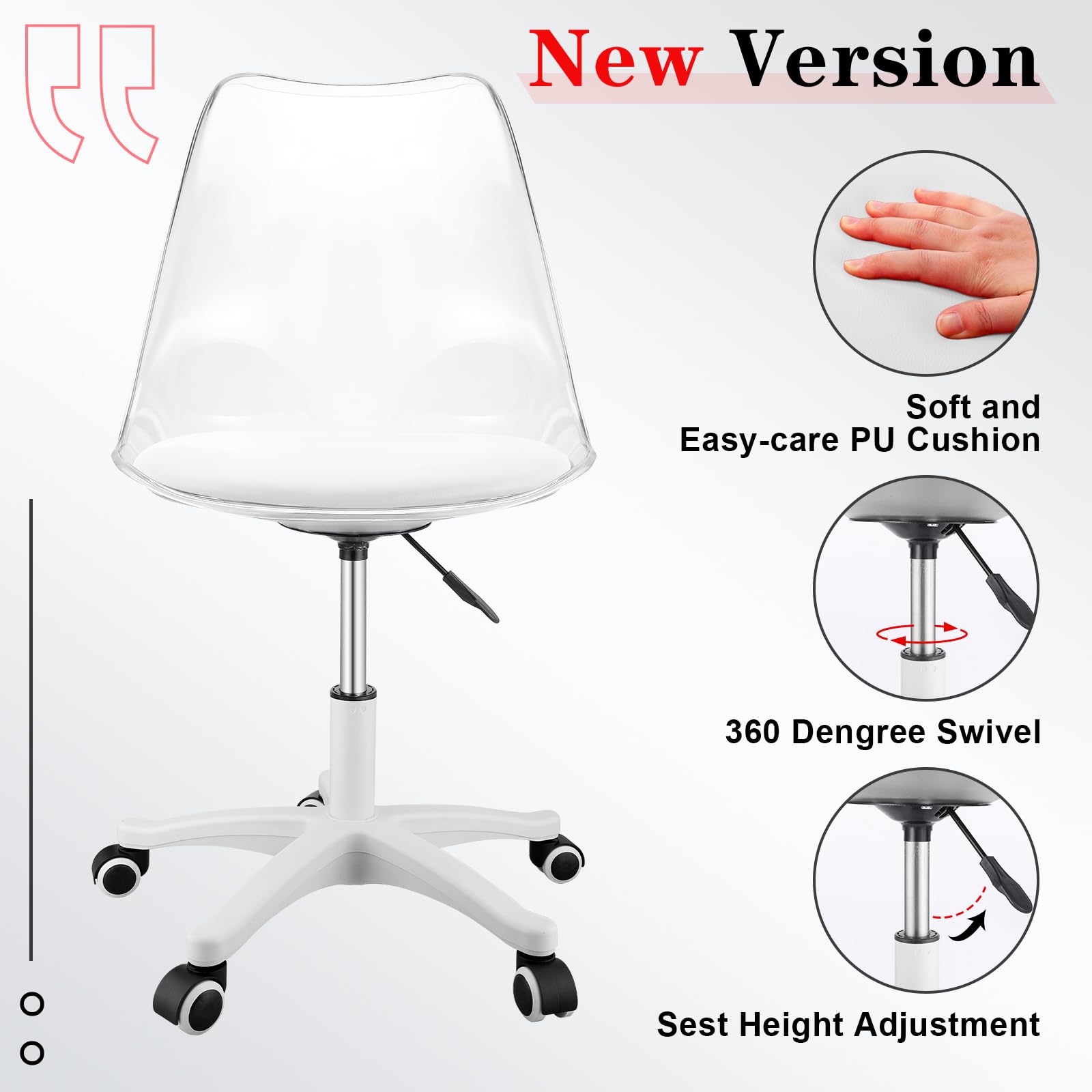 1 Pack Clear Rolling Desk Chair Acrylic Desk Chair Height Adjustable Home Vanity Chair Swivel Plastic Clear Chair with Wheels Acrylic Office Chair for Small Space Home Office(Clear, White)