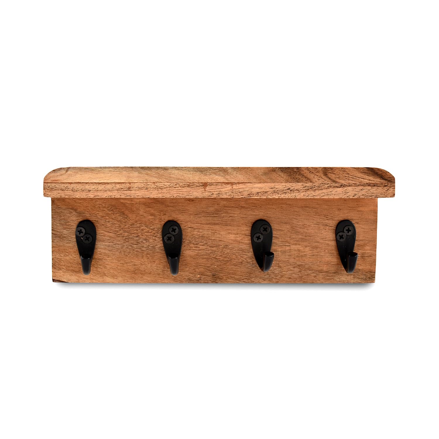 NIRMAN Acacia Wood Rustic Key Holder for Wall, Farmhouse Wall Shelf with 4 Hooks for Entryway Farmhouse Kitchen (10" x 3.5" x 3.5")