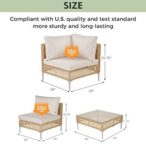 Grand patio 7-Piece Wicker Patio Furniture Set, Outdoor Sectional Conversation Sofa Couch Set with Beige Cushions Thickened Water Resistant Cushions and Glass Table for Lawn, Garden, Backyard