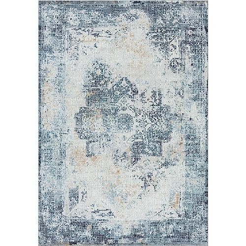 LUXE WEAVERS Blue 8x10 Mosaic Tile Area Rug with Distressed Effect