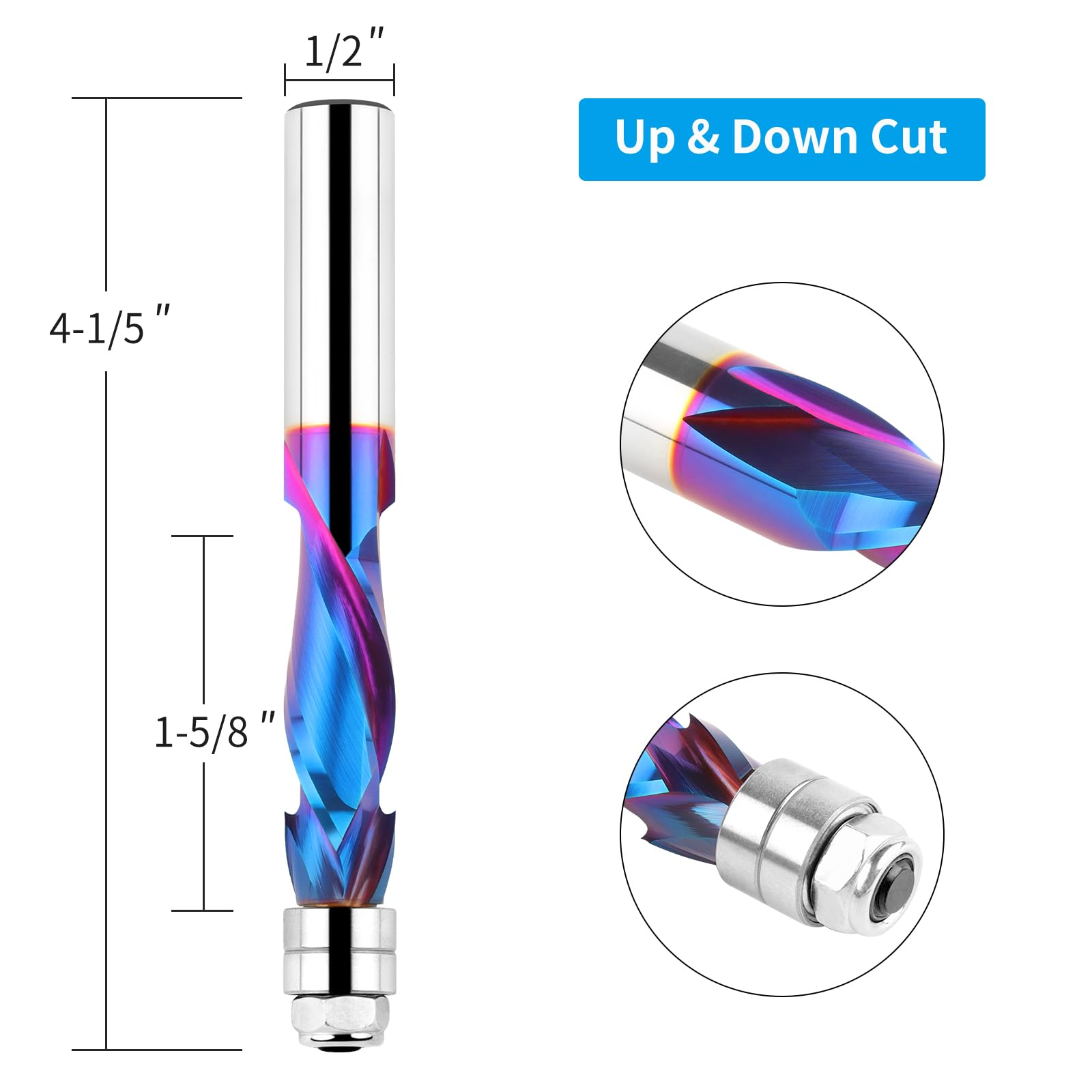 EANOSIC Spiral Compression Flush Trim Router Bit 1/2 Inch Shank, 1-1/2 Inch Cutting Length, Extra Long 4 Inch, Solid Carbide UP/Down Cut Spiral Router Bits with Bottom Bearing for Wood Trimming (Blue