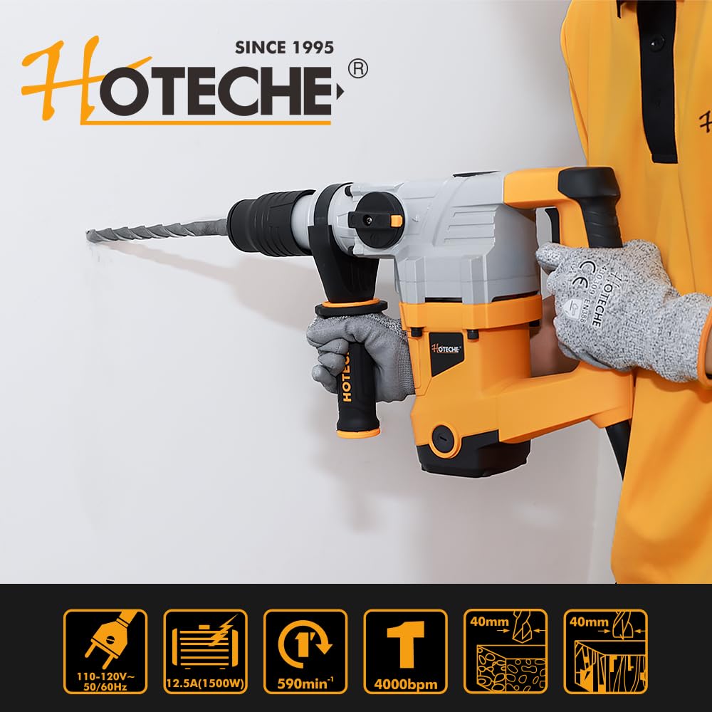 Hoteche 1-9/16-Inch SDS Max Rotary Hammer Drill - 12.5A 3 Funtions Heavy Duty Demolition Hammer for Concrete Drilling with Drill Bit, Chisel and Carrying Case