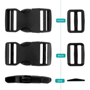 10 Set 1 inch Buckles for Straps with 20 pcs Tri-glide Slide Clip, Quick Side Release Plastic Buckle Clip, Fit 1 inch Wide Nylon Webbing Canvas Strap (Black)