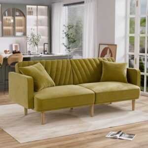 damaifrom futon sofa bed, upholstered comfy velvet futon couch, sleeper sofa, loveseat, mid century modern small sofa, 75" couches for living room, office, small spaces, olive green