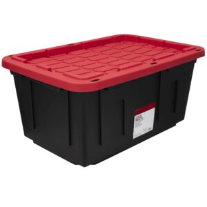 MioeDi 27 Gallon Stackable Snap Lid Plastic Storage Bin Container, Black with Red Lid, Set of 4, Black/Red