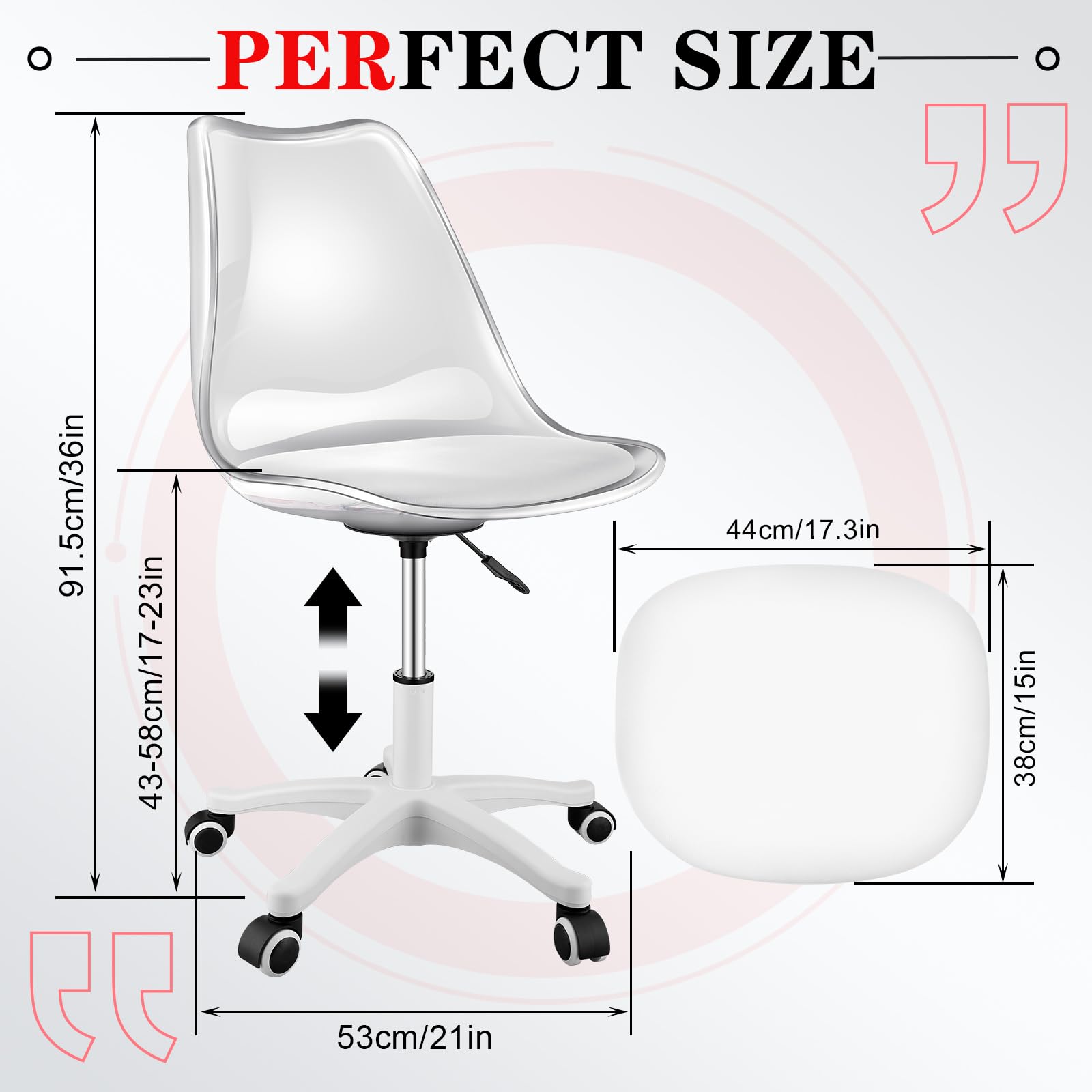 1 Pack Clear Rolling Desk Chair Acrylic Desk Chair Height Adjustable Home Vanity Chair Swivel Plastic Clear Chair with Wheels Acrylic Office Chair for Small Space Home Office(Clear, White)