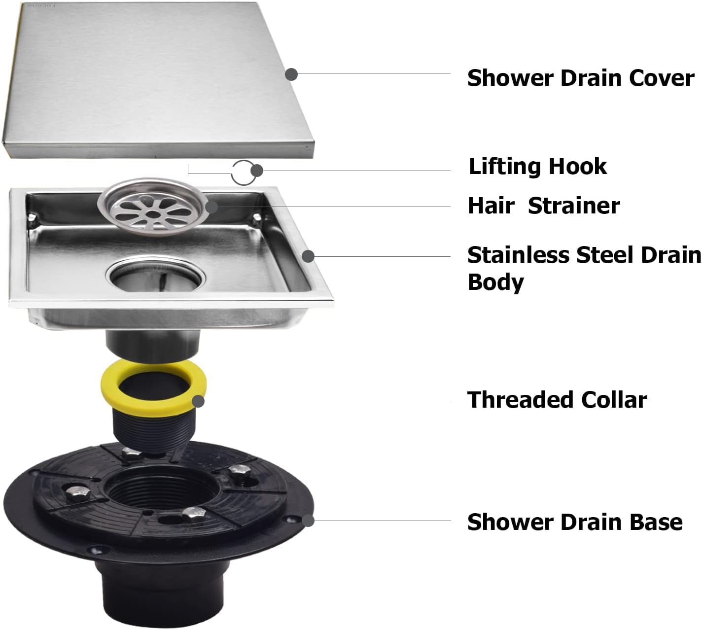 ARAUSK Shower Drain, 6 Inch Square Shower Floor Drain with Flange Reversible 2-in-1 Cover Tile Insert Grate Removable SUS 304 Stainless Steel Bathtub Drain Hair Catcher/Bathtub Protector for Bath