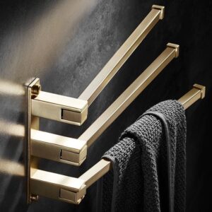 Swivel Towel Rack 3 Swing Arm Bathroom Towel Bar Wall Mounted Thick Brass Rustproof Hanging Holder Brushed Gold Finish Shower Room, Kitchen,Three