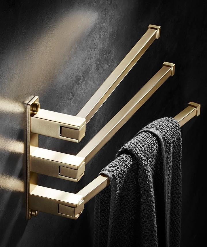 Swivel Towel Rack 3 Swing Arm Bathroom Towel Bar Wall Mounted Thick Brass Rustproof Hanging Holder Brushed Gold Finish Shower Room, Kitchen,Three