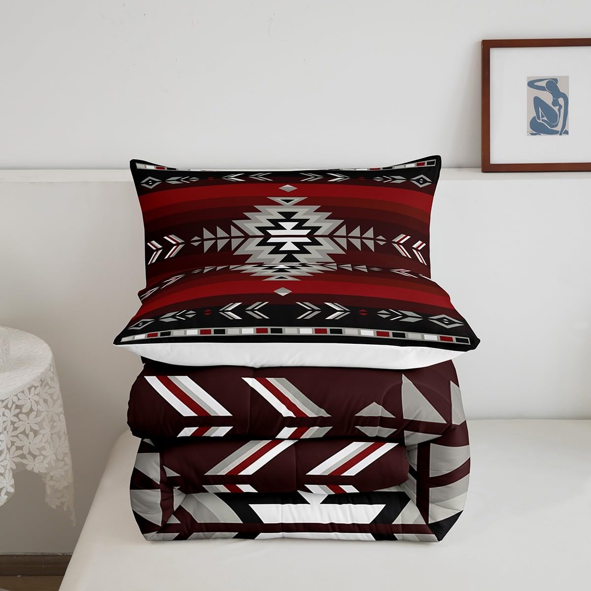 Feelyou King Size Southwest Native Design Bedding Set Boys Girls Southwestern Geometric Comforter Set for Kids Soft Tribal Comforter Red Grey Duvet Set Room Decor Quilt Boys