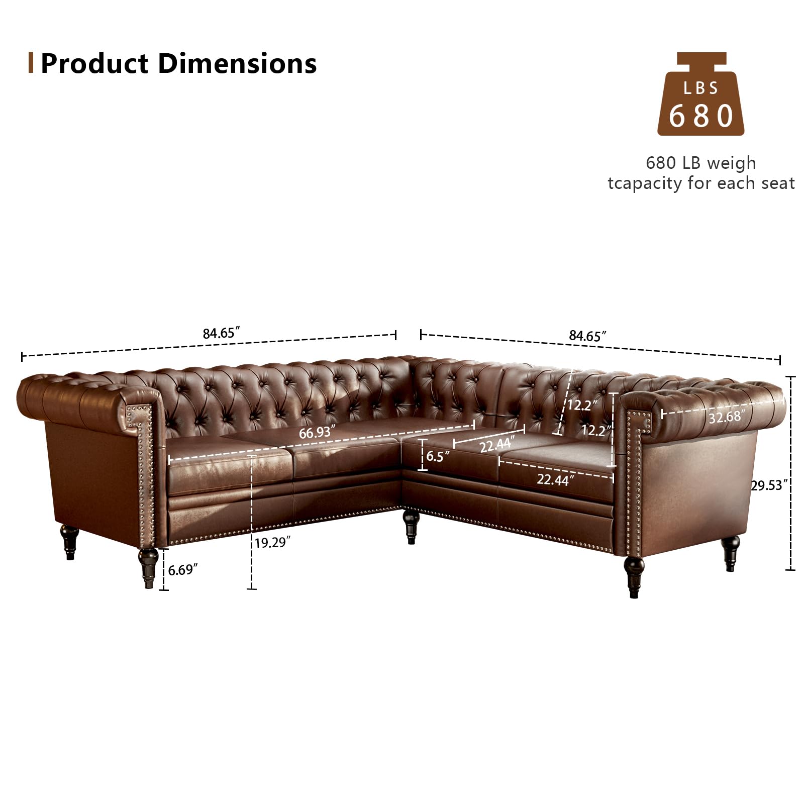 EYBCT Faux Leather Sectional Sofa Couch for Living Room, L Shaped Reversible Modern Chesterfield Sofa with Rolled Arms and Nailhead, 5 Seat Tufted Couch for Small or Large Space (Dark Brown)