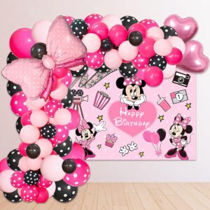 pink mouse birthday backdrop 6x4ft and pink mouse color balloon garland kit,116 pcs pink black dot balloon arch with pink bow balloons for girls mouse theme birthday baby shower party supplies