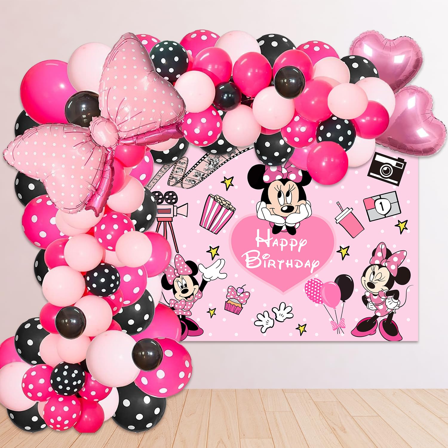 Pink Mouse Birthday Backdrop 6x4ft and Pink Mouse Color Balloon Garland Kit,116 pcs Pink Black Dot Balloon Arch with Pink Bow Balloons for Girls Mouse Theme Birthday Baby Shower Party Supplies