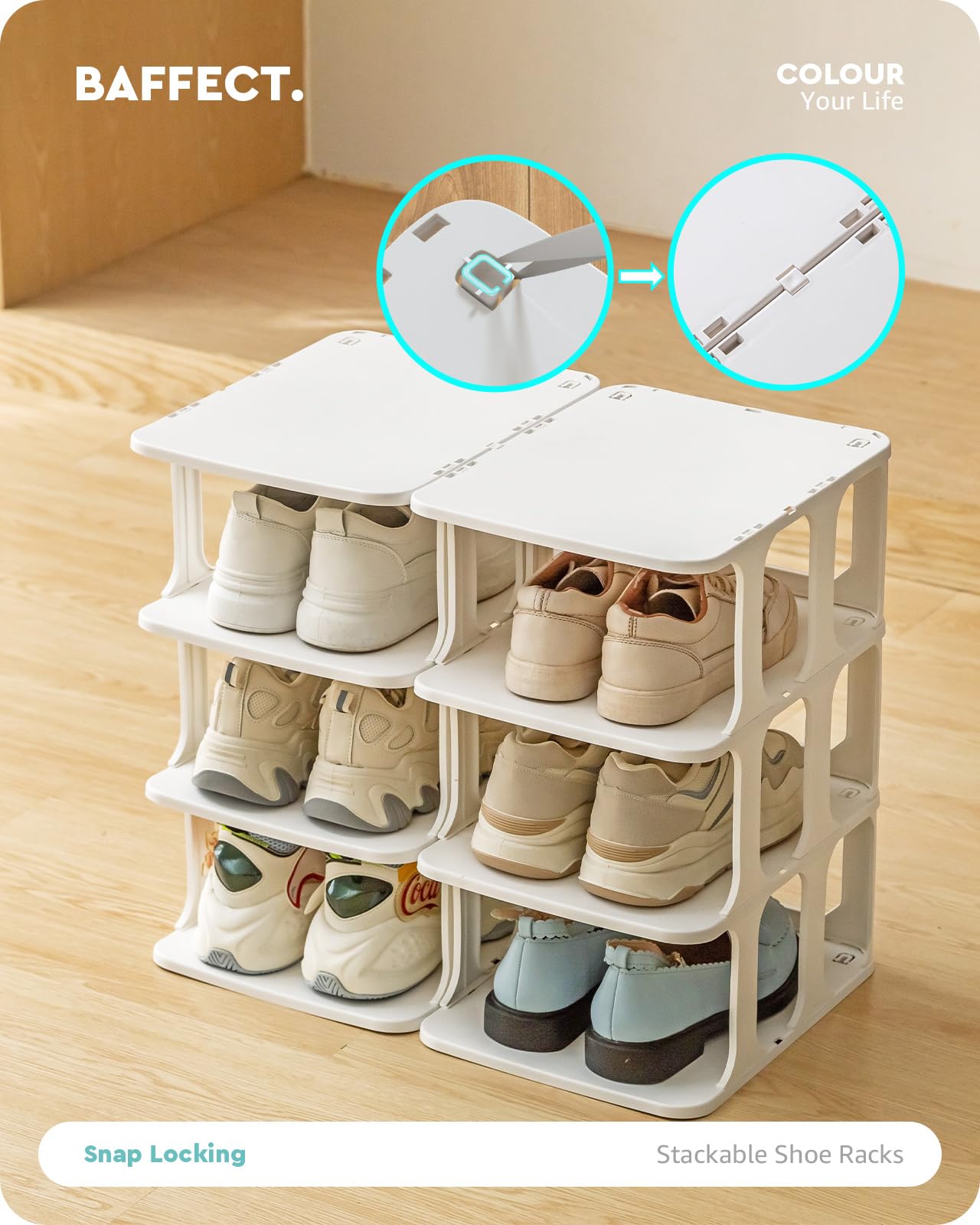 Baffect 8 Tier Shoe Rack, Free Standing Shoe Storage Organizer for Closet, Plastic Stackable Shoe Storage Tower, Vertical Shoe Holder for Entryway Space Saving Narrow Shoe Cabinet (White)