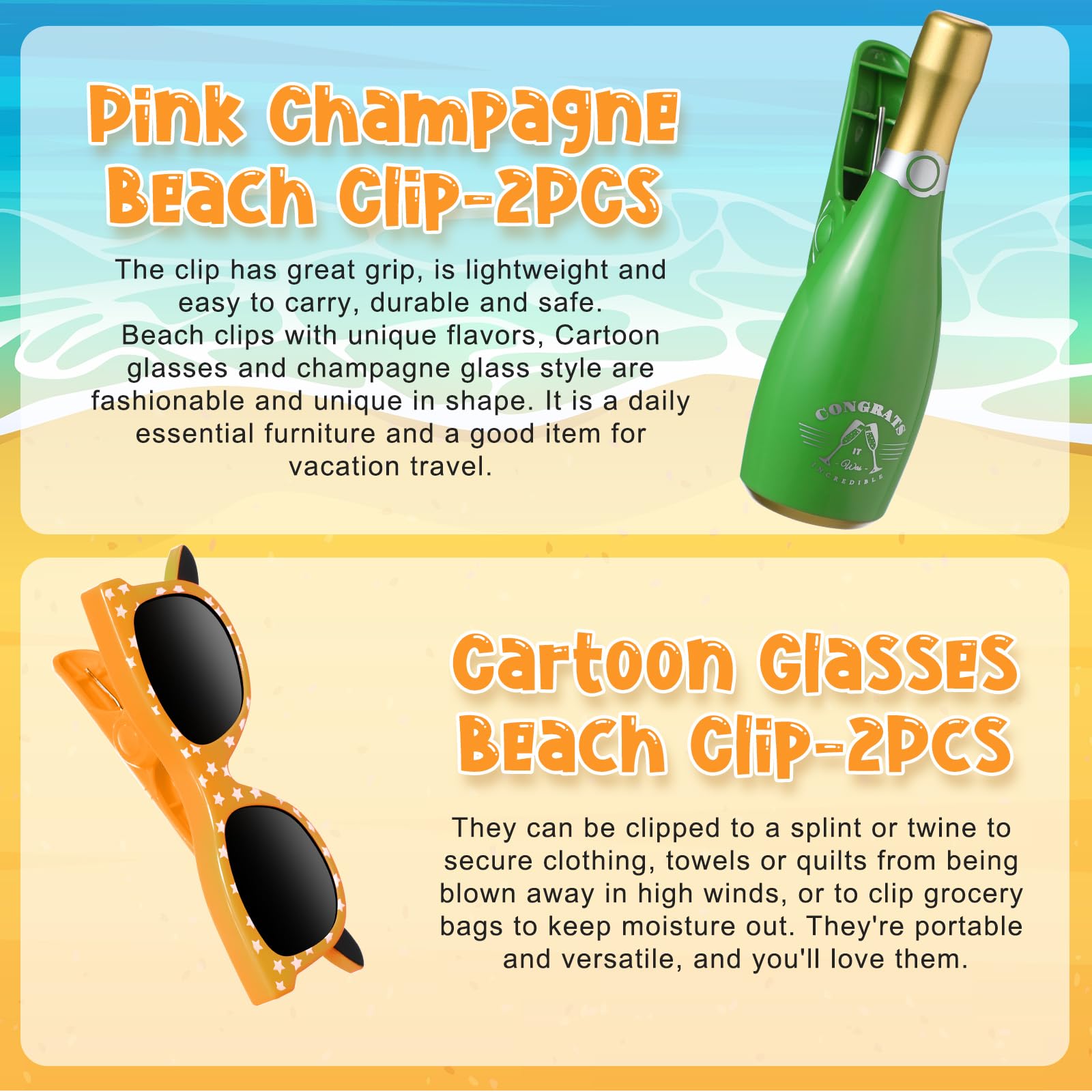 4 Pieces Beach Towel Windproof Clips for Beach Chairs Patio and Pool Accessories Cartoon Glasses Cocktail Glasses Towel Clips Funny Decorative Clothespins for Home (Trendy Style)