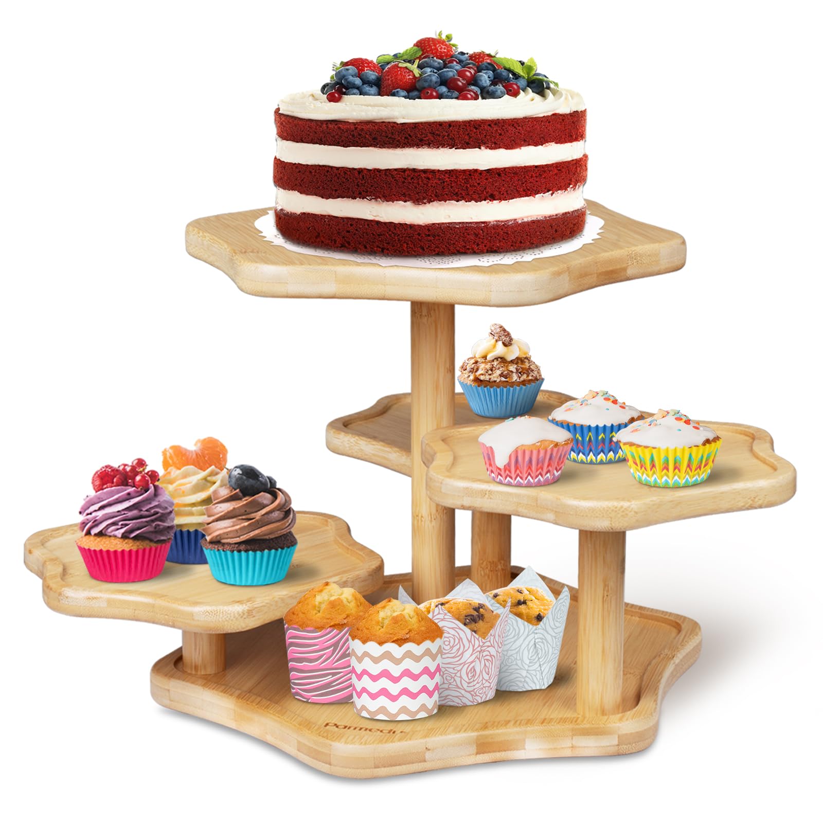 Parmedu 5-Tier Bamboo Cupcake Tower Stand: for 50 Cupcakes, Wooden Cake Stand in Cloud Shape - Tiered Tray Decor, Cupcake Holder with Patent Design for Tea Party, Coffee Break, Festival, Birthday etc