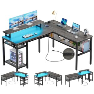 unikito l shaped computer desk with magic power outlets and smart led light, reversible 55 inch corner office desk with monitor stand, unique grid design, gaming table with storage, black oak