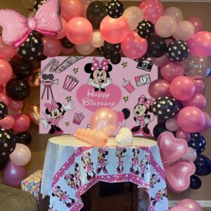 Pink Mouse Birthday Backdrop 6x4ft and Pink Mouse Color Balloon Garland Kit,116 pcs Pink Black Dot Balloon Arch with Pink Bow Balloons for Girls Mouse Theme Birthday Baby Shower Party Supplies