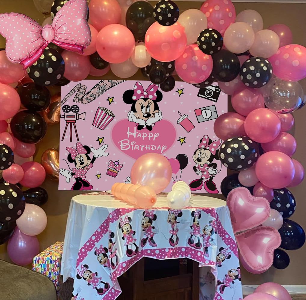 Pink Mouse Birthday Backdrop 6x4ft and Pink Mouse Color Balloon Garland Kit,116 pcs Pink Black Dot Balloon Arch with Pink Bow Balloons for Girls Mouse Theme Birthday Baby Shower Party Supplies