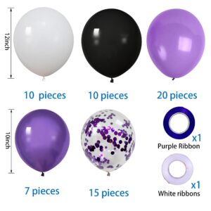 MOXMAY 62 Pcs 12 Inch Black White Purple Balloons Arch Kit, Matte Black and White Metallic Purple Confetti Party Balloons with Ribbons for Birthday, Wedding, Baby Shower, Graduation Decorations