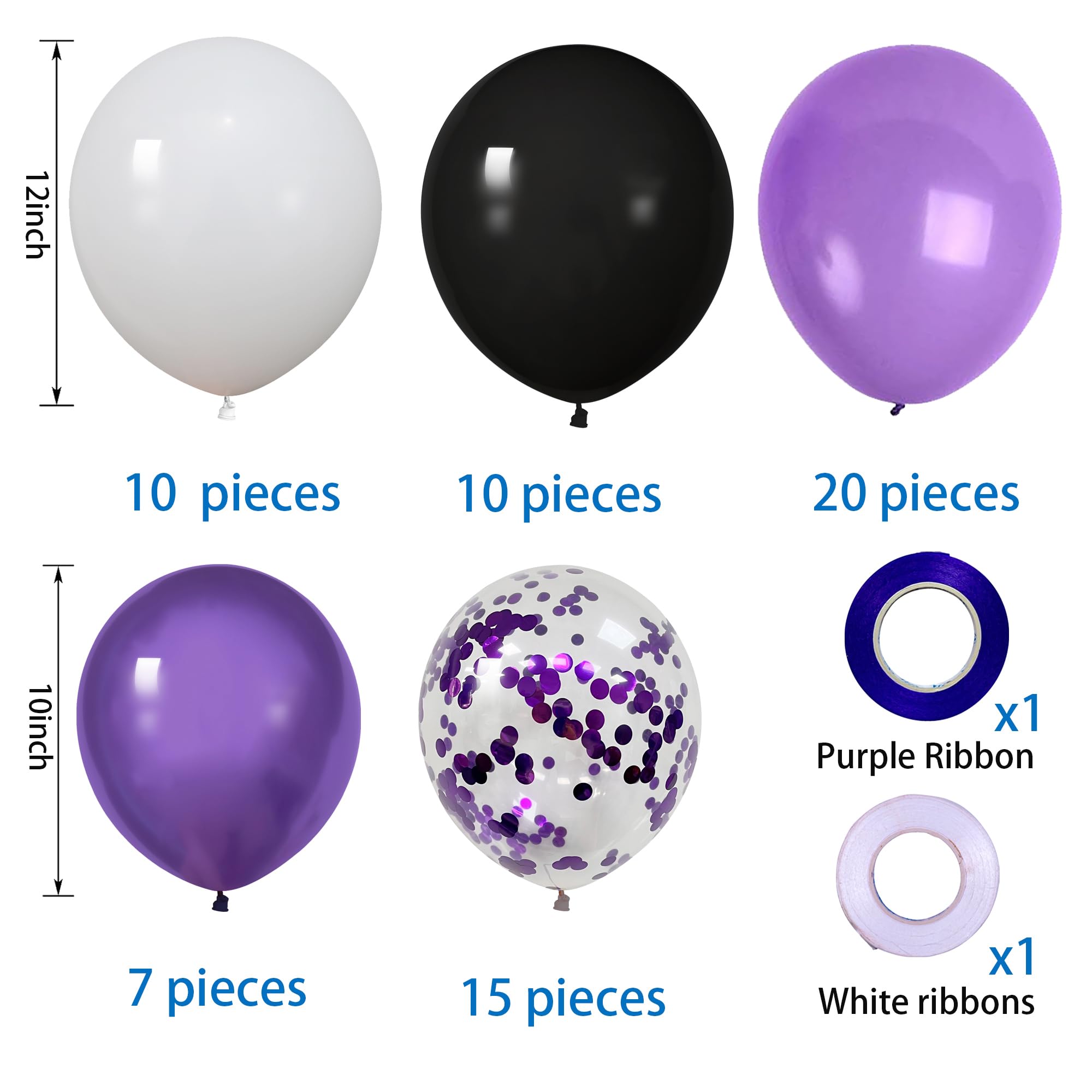 MOXMAY 62 Pcs 12 Inch Black White Purple Balloons Arch Kit, Matte Black and White Metallic Purple Confetti Party Balloons with Ribbons for Birthday, Wedding, Baby Shower, Graduation Decorations