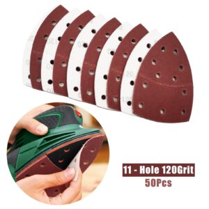 50 PCS Mouse Detail Sander Sandpaper, 120 Grit Palm Sander Sandpaper 11 Holes Hook and Loop Sander Pads Triangular Sanding Sheets Abrasive Sanding Paper for Mouse Sander