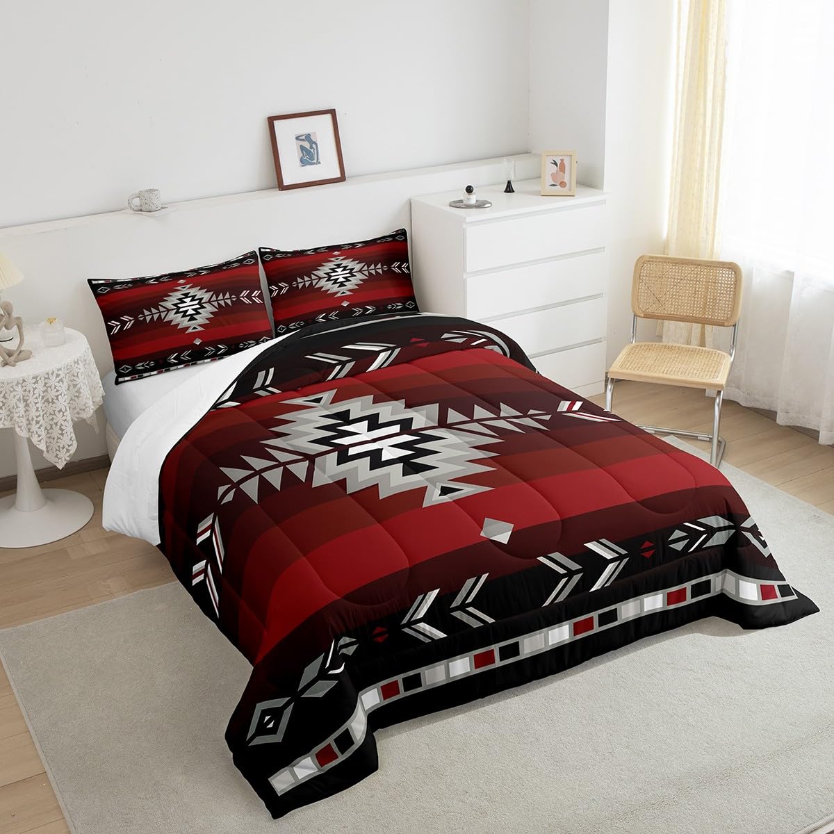 Feelyou King Size Southwest Native Design Bedding Set Boys Girls Southwestern Geometric Comforter Set for Kids Soft Tribal Comforter Red Grey Duvet Set Room Decor Quilt Boys