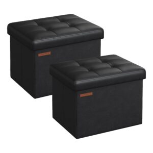 songmics small folding storage ottoman, set of 2, foot rest stool, cube footrest, synthetic leather, 12.2 x 16.1 x 12.2 inches, 286 lb capacity, living room, bedroom, dorm, ink black ulsf100b21