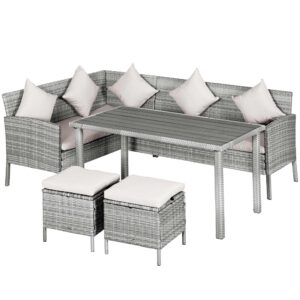 outsunny 5 piece patio furniture set, outdoor dining table set with l-shaped sectional sofa, 2 ottomans, outside conversation set with cushions, throw pillows, beige