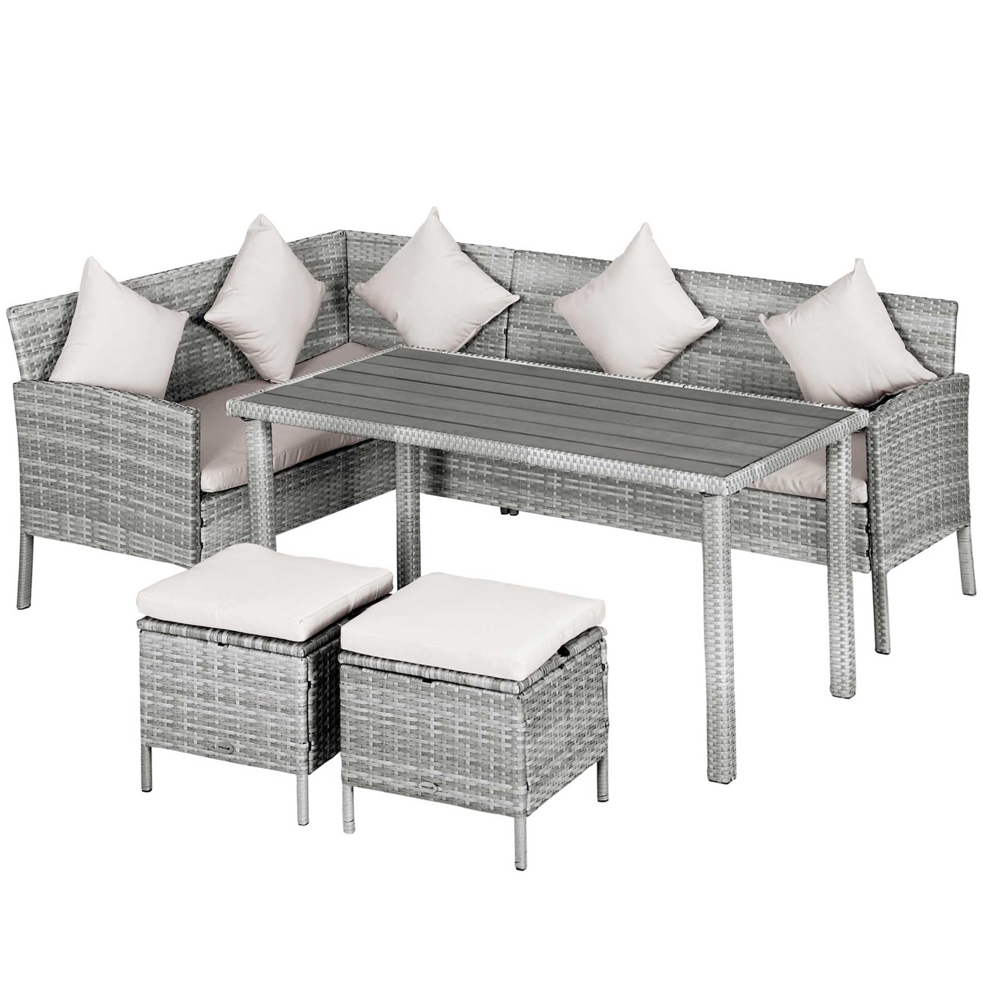 Outsunny 5 Piece Patio Furniture Set, Outdoor Dining Table Set with L-Shaped Sectional Sofa, 2 Ottomans, Outside Conversation Set with Cushions, Throw Pillows, Beige