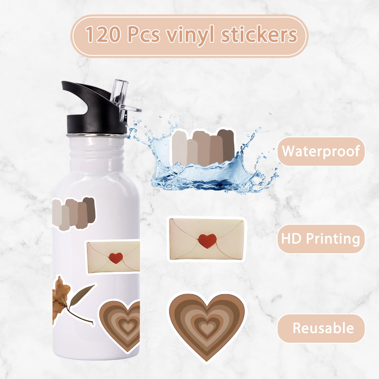 120Pcs Vintage Stickers, Waterproof Scrapbook Aesthetic Sticker, Daily Planner, Water Bottles, Handbook Junk Diary Stickers Teens Adults, Scrapbooking Supplies for DIY Paper Crafts