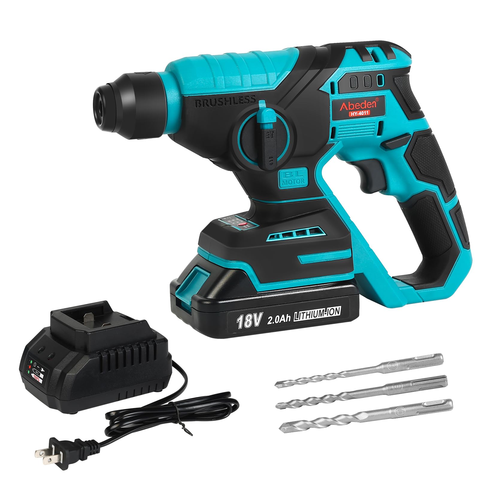 Cordless Rotary Hammer Drill Kit with 2.0Ah Lithium-Ion Battery and Charger,Brushless Motor,SDS Plus,2 Modes,3 Drill Bits,Variable Speed for Concrete Wood Brick Metal