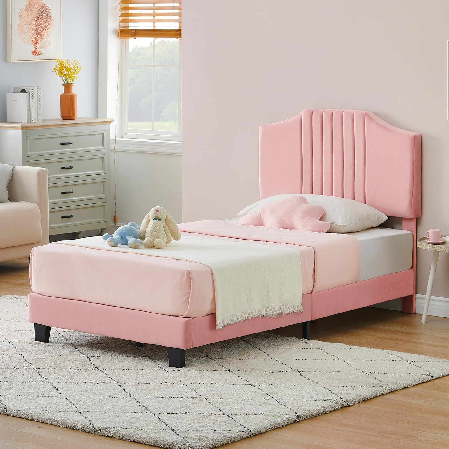 IDEALHOUSE Twin Bed Frame Upholstered Platform with Headboard, Strong Frame and Wooden Slats Support, Velvet Fabric Wrap, Non-Slip and Noise-Free,No Box Spring Needed, Easy Assembly, Pink