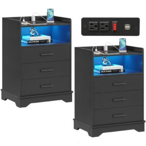 hasuit nightstand set of 2 with charging station, led lights, 3 drawers, and open storage - modern black bedside tables