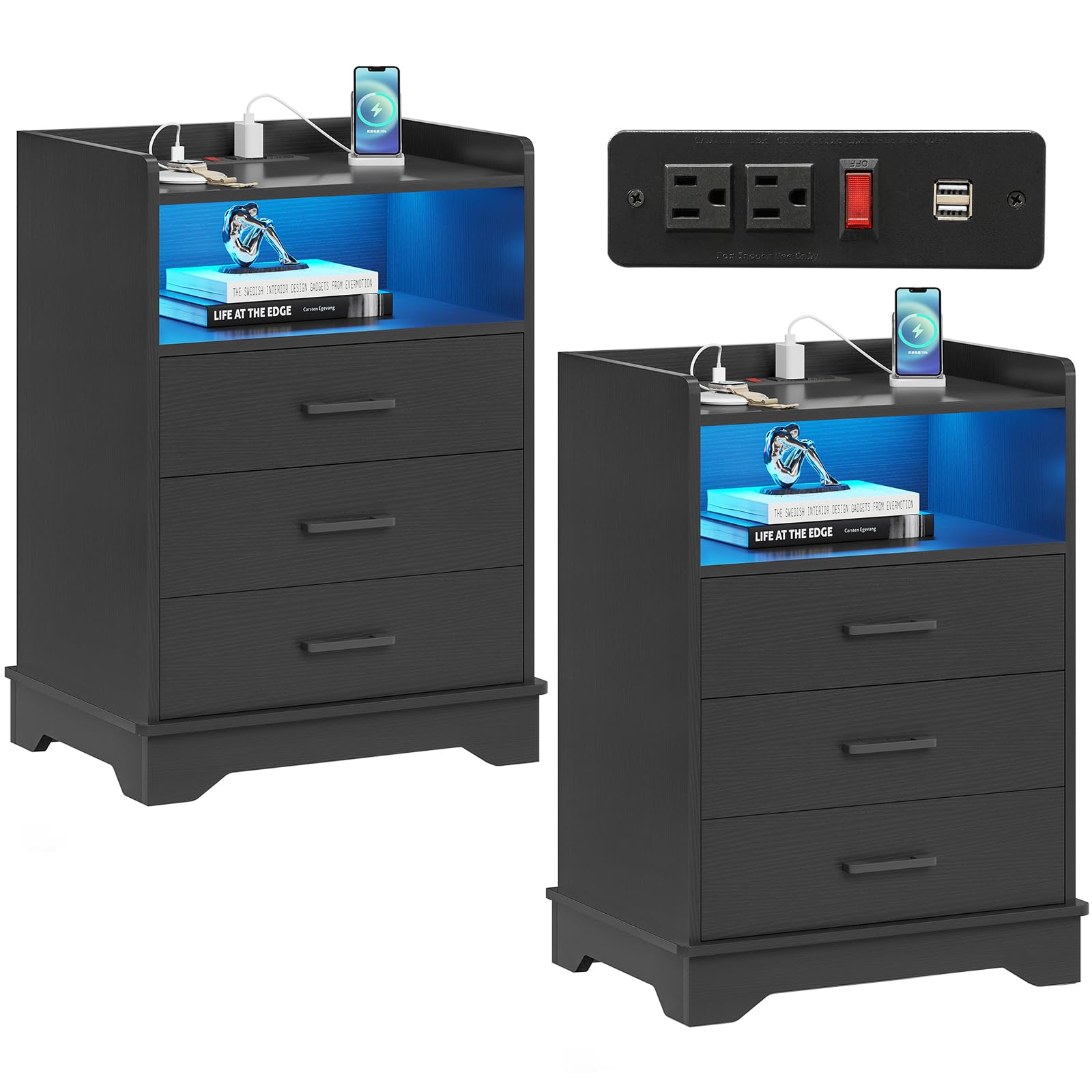 Hasuit Nightstand Set of 2 with Charging Station, LED Lights, 3 Drawers, and Open Storage - Modern Black Bedside Tables