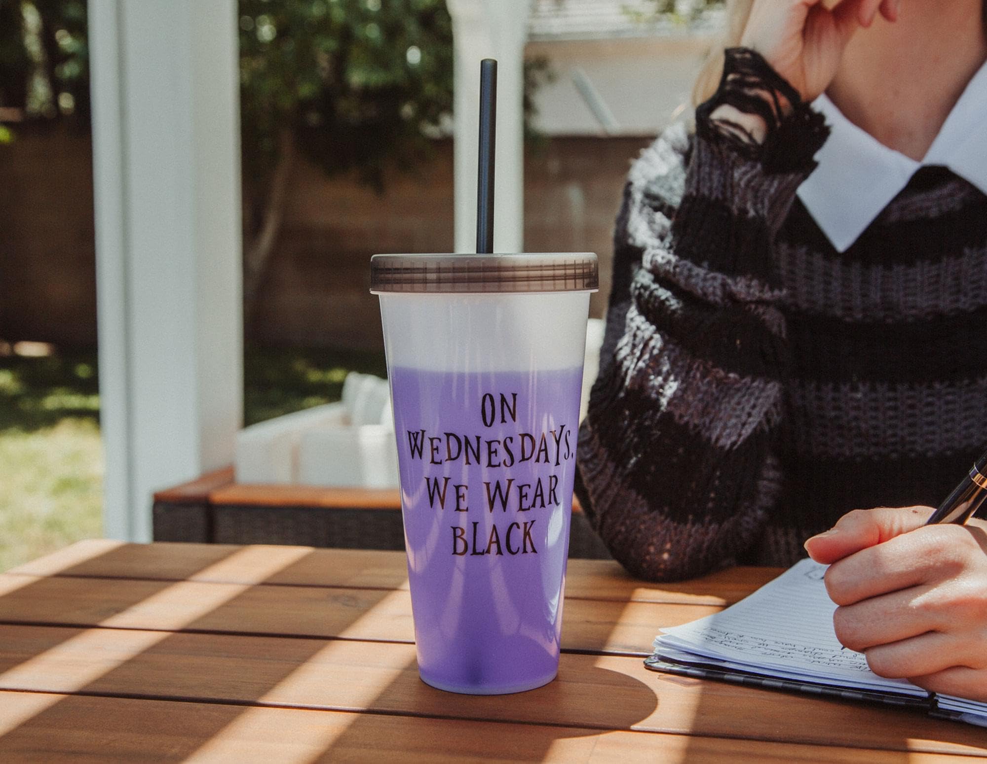 Wednesday "We Wear Black" Color-Changing Plastic Travel Tumbler | Includes Reusable Straw, Leak-Resistant Lid | Holds 24 Ounces