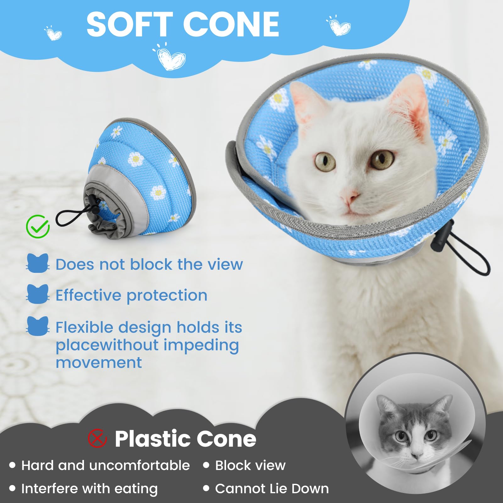 HAPPY HACHI Cat Cone Collar, Adjustable Cat Recovery Collar, Soft Pet Cone After Surgery Recovery Lightweight Elizabethan Collars for Kitten Puppy Anti Scratch