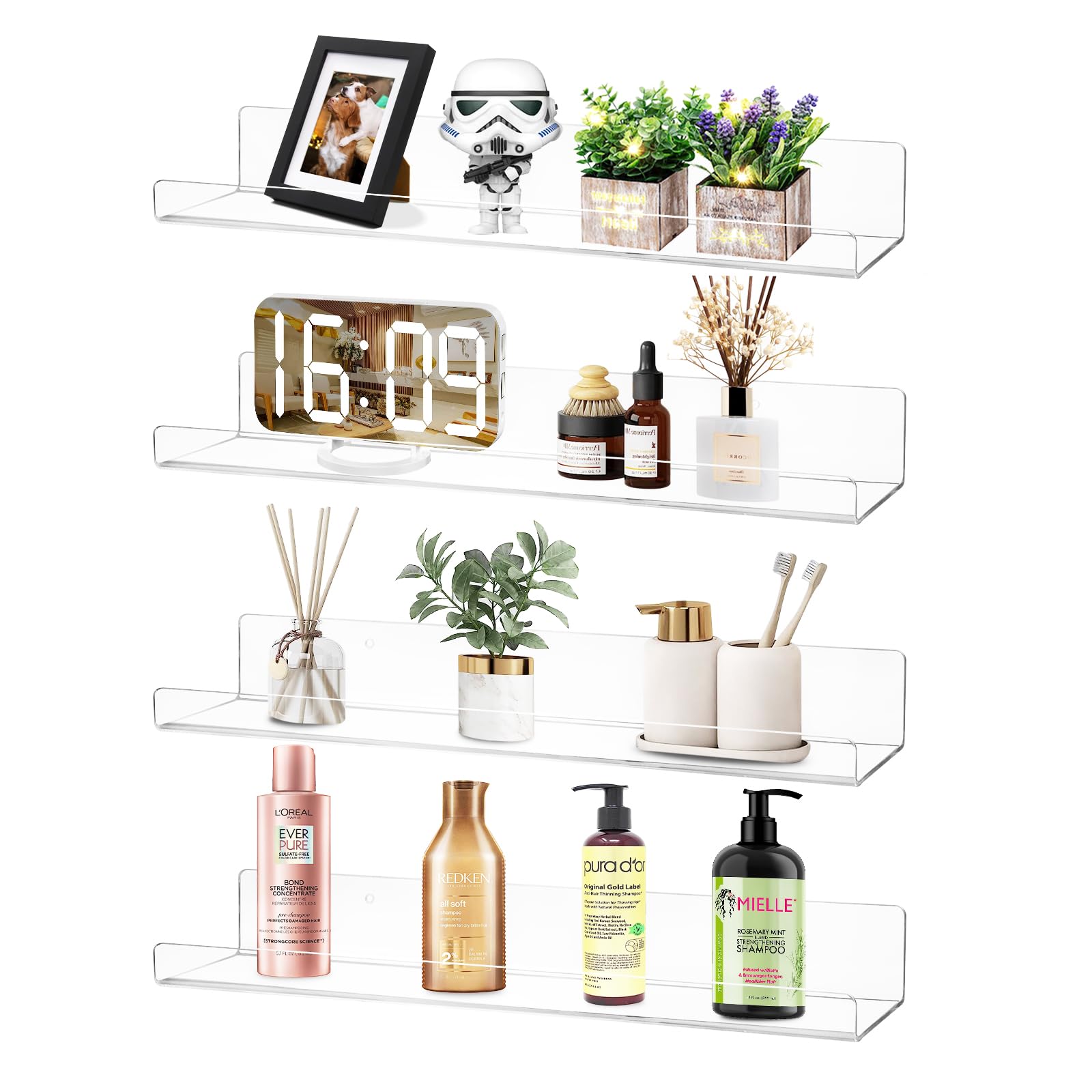 Dezzer 4 Pack Acrylic Shelves for Wall, 15" Clear Acrylic Floating Shelves for Bathroom Bedroom, Invisible Bookshelf Wall Ledge Storage Shelf Books Perfume Toys Action Figure Display Shelves