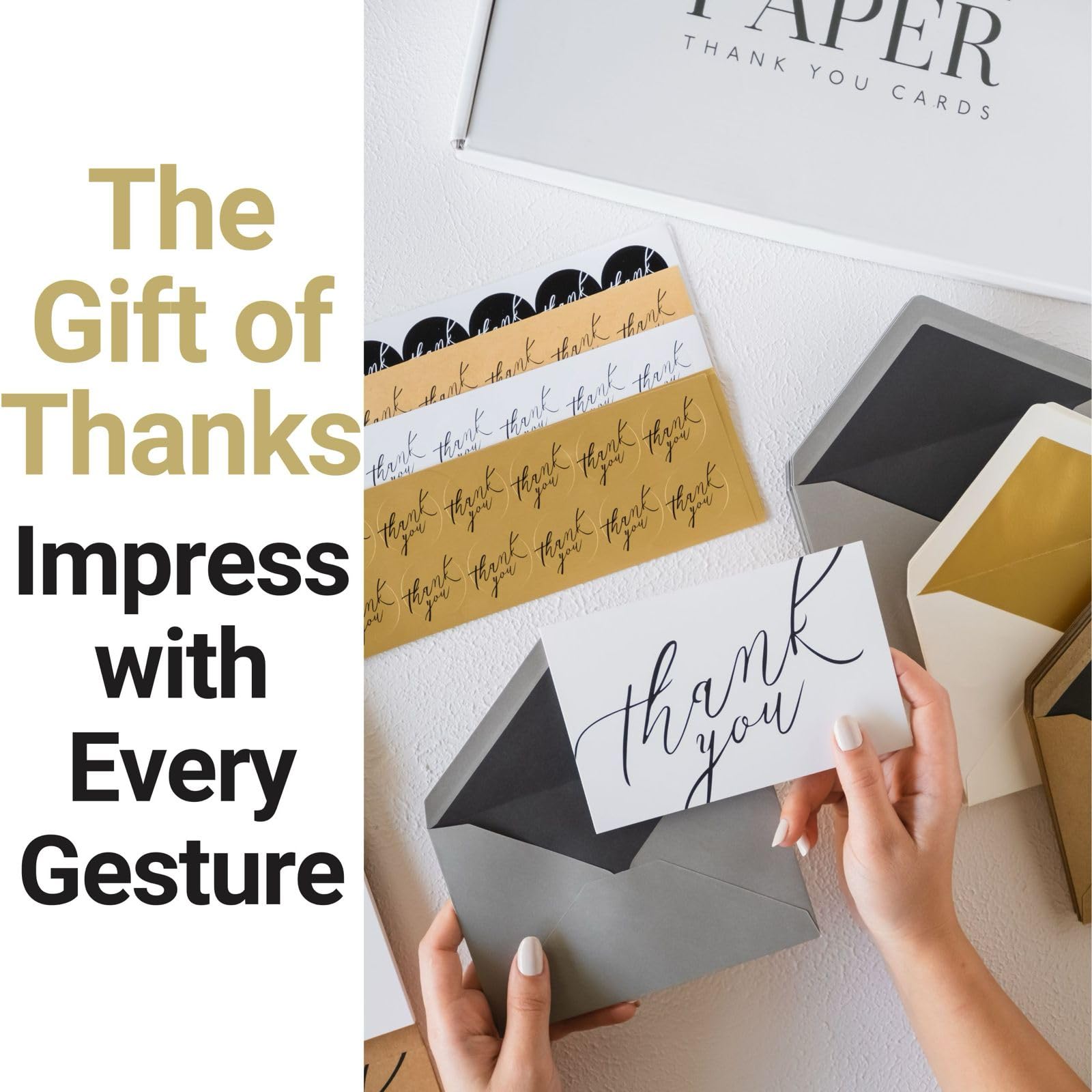 BornPaper Thank You Cards with Envelopes - Luxury 120 Pack, Gold-Foil-Stamped Interiors & Matching Stickers – Over 64 Unique Combinations, Ideal for Business, Wedding, Graduation, Bridal & Baby