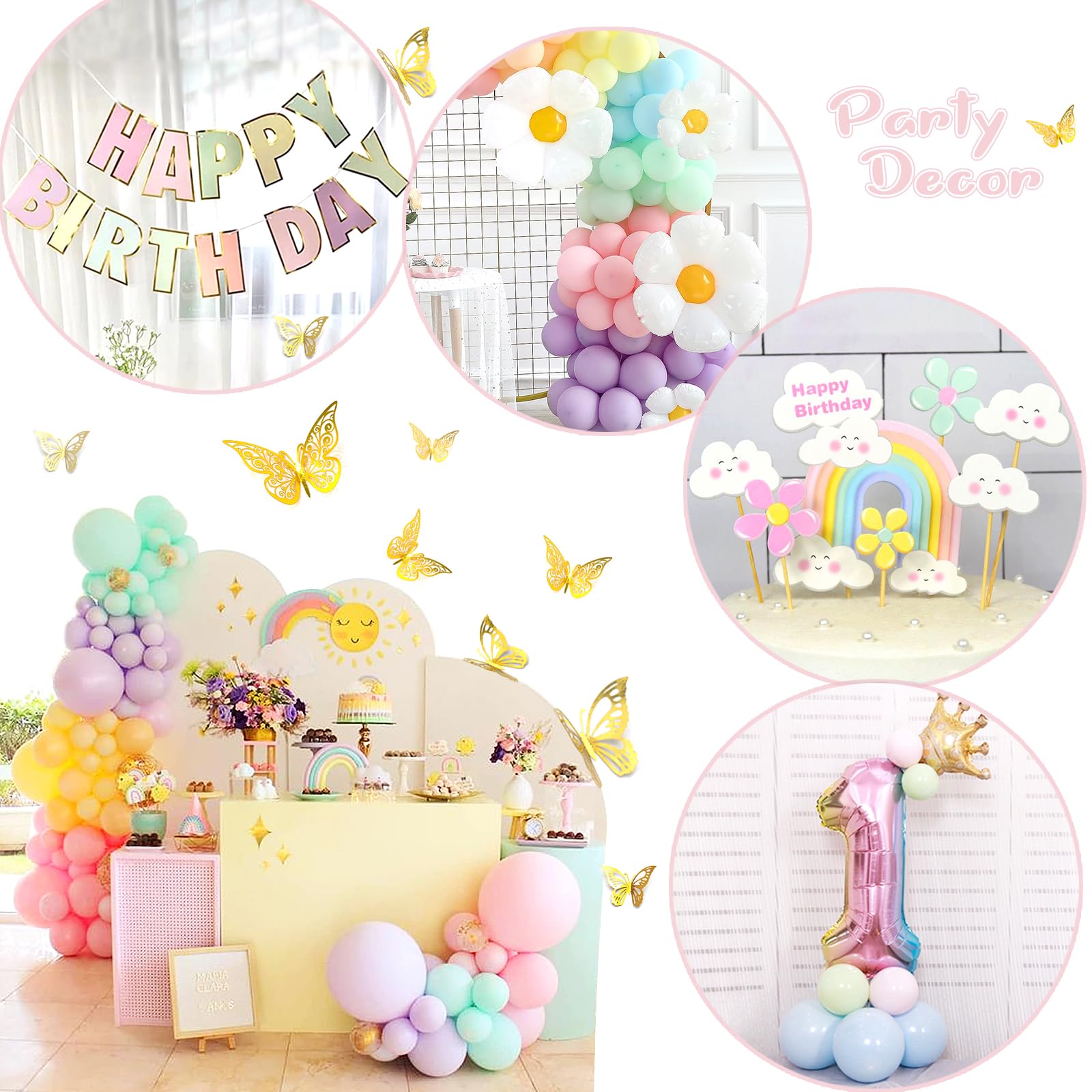 Slmeno Pastel Balloons 219Pcs Pastel Balloon Garland Kit Different Sizes 18 10 5 Inch Pastel Rainbow Balloons Daisy Balloons, First Birthday Decorations for Girl Baby Shower Party Balloons Arch Kit