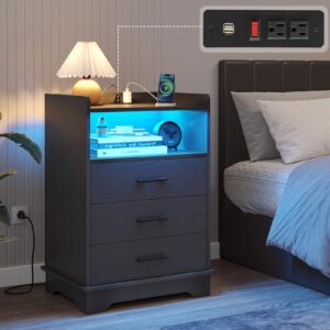 Hasuit Nightstand Set of 2 with Charging Station, LED Lights, 3 Drawers, and Open Storage - Modern Black Bedside Tables