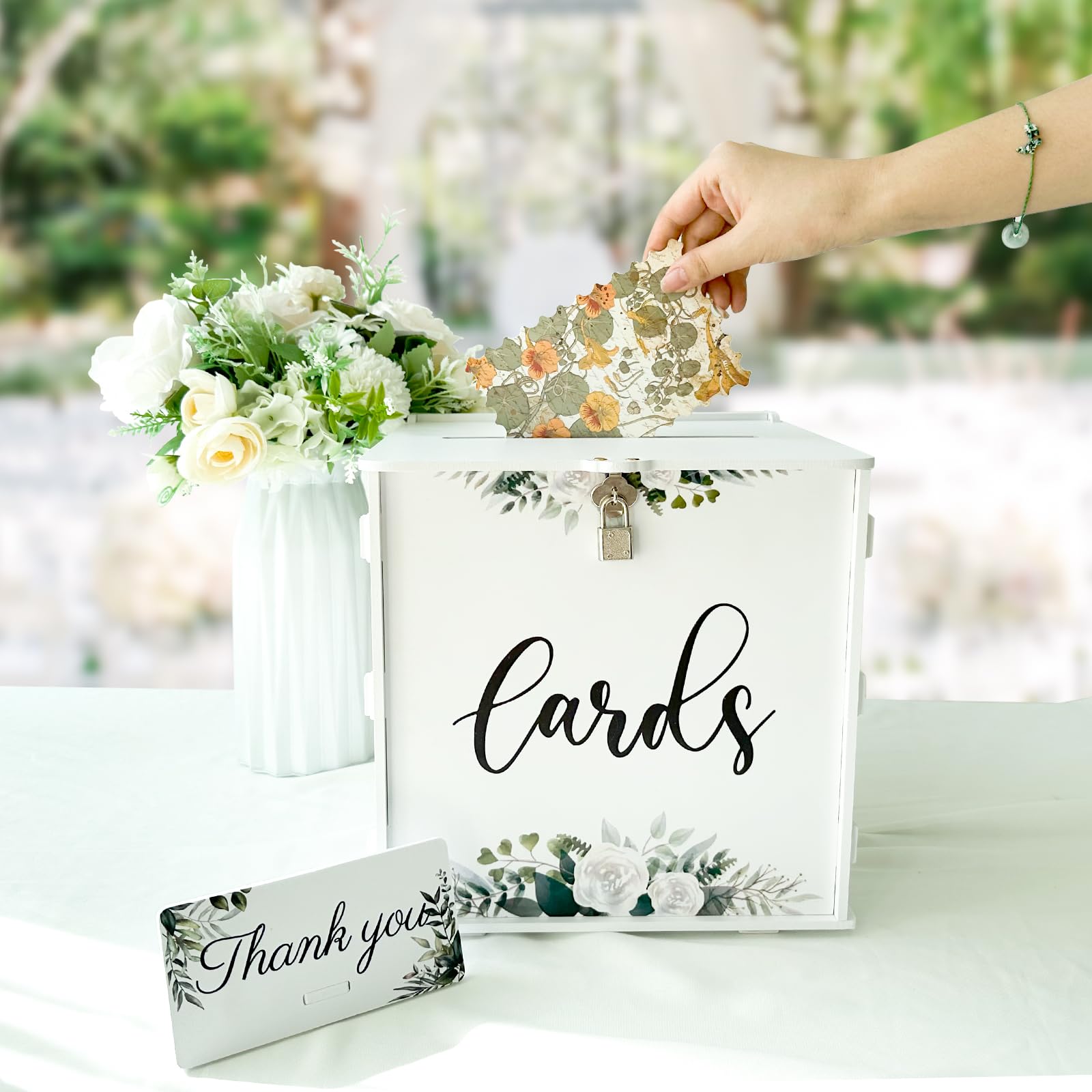 OurWarm White Wedding Card Box with Lock, PVC Gift Card Box for Wedding Reception, Eucalyptus DIY Wedding Money Envelope Card Box for Party Graduation Baby Shower Birthday Decorations