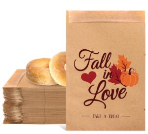 whaline 100 pack fall wedding favor candy bags fall in love treat bags pumpkin maple leaves self-adhesive buffet kraft paper cookie bags party favor snack bags for autumn wedding gift, 5x7.1 inch