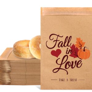 Whaline 100 Pack Fall Wedding Favor Candy Bags Fall in Love Treat Bags Pumpkin Maple Leaves Self-Adhesive Buffet Kraft Paper Cookie Bags Party Favor Snack Bags for Autumn Wedding Gift, 5x7.1 Inch