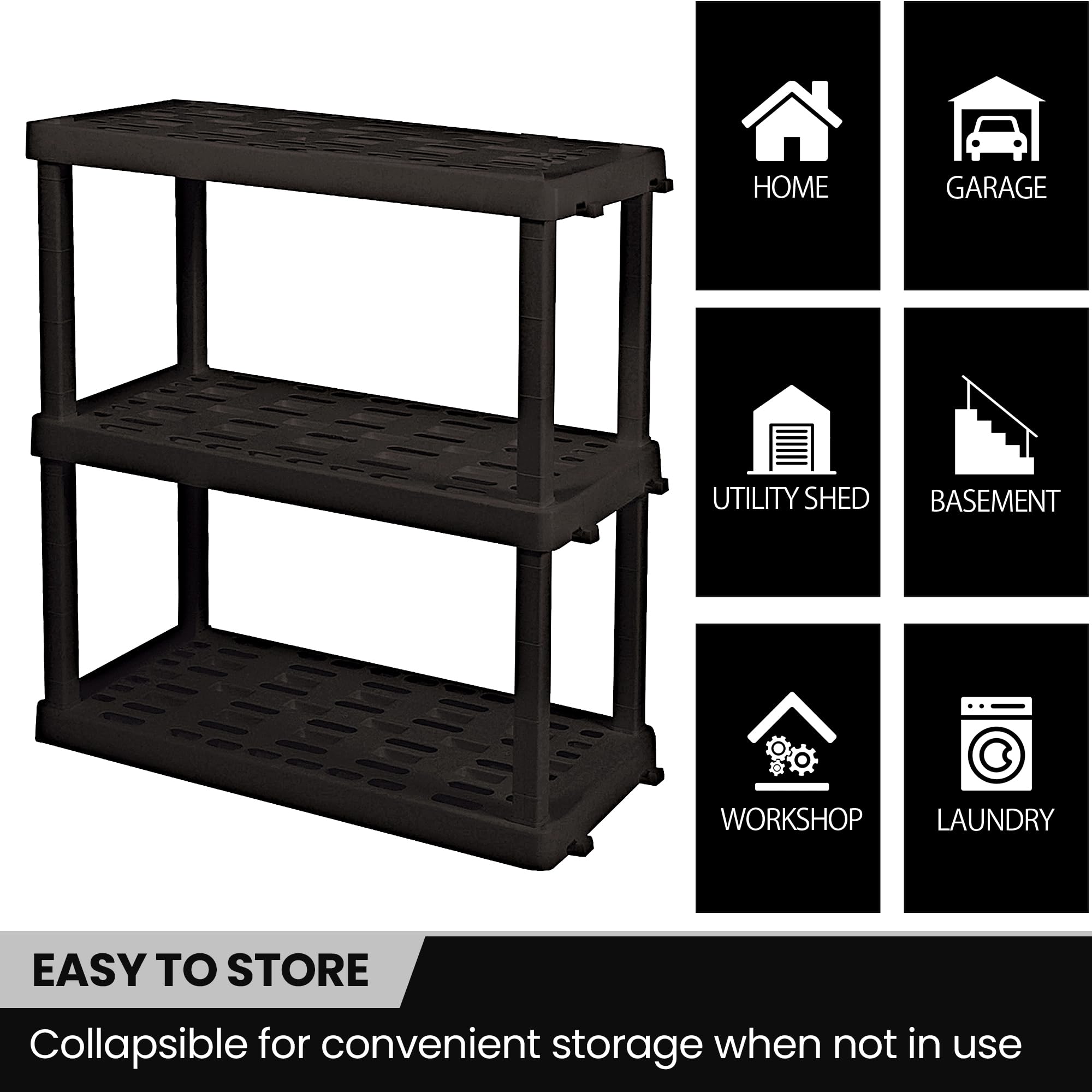 Koolatron Oskar 3 Tier Plastic Shelf, Garage Shelving Unit, Rack and Storage Shelves - Ideal for Storage Shed, and Shelf Organizer - Perfect for Garage Storage and Shelving Solutions,Black