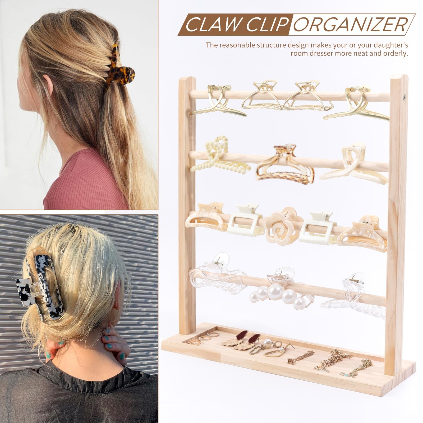 PABOBIT Claw Clip Organizer, Wooden Hair Clip Organizer Storage for Women Girls, Table Standing Claw Clip Holder Hair Clip Organizer (beige)