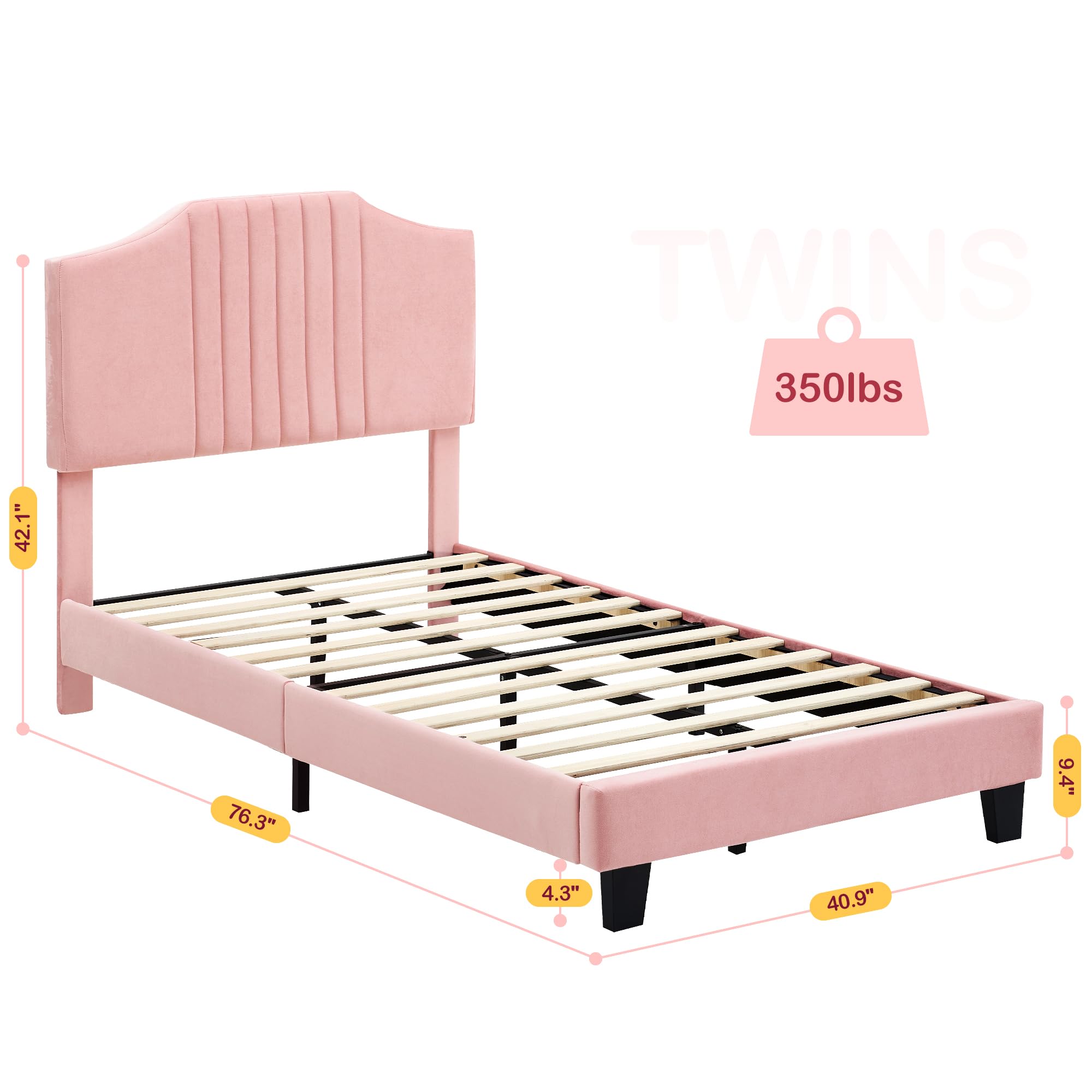 IDEALHOUSE Twin Bed Frame Upholstered Platform with Headboard, Strong Frame and Wooden Slats Support, Velvet Fabric Wrap, Non-Slip and Noise-Free,No Box Spring Needed, Easy Assembly, Pink