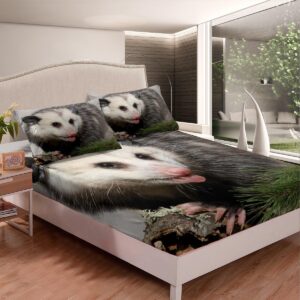 Opossum Bed Sheets Twin Size Possum Fitted Sheet for Kids Boys Girls Teens Adults Opossum Lovers Gift Bed Sheet Set Funny Animal Botanical Leaves Bedding Sheets Bedroom Decor Flat Sheets 3Pcs