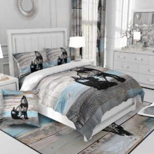 Wolf Duvet Cover Queen Rustic Farmhouse Style Bedding Set,Lodge Cabin Wood Comforter Cover Grey Blue Wooden Plank Woodland Wildlife Bed Set,Western Wild Animal Black Sketch Drawing Room Decor