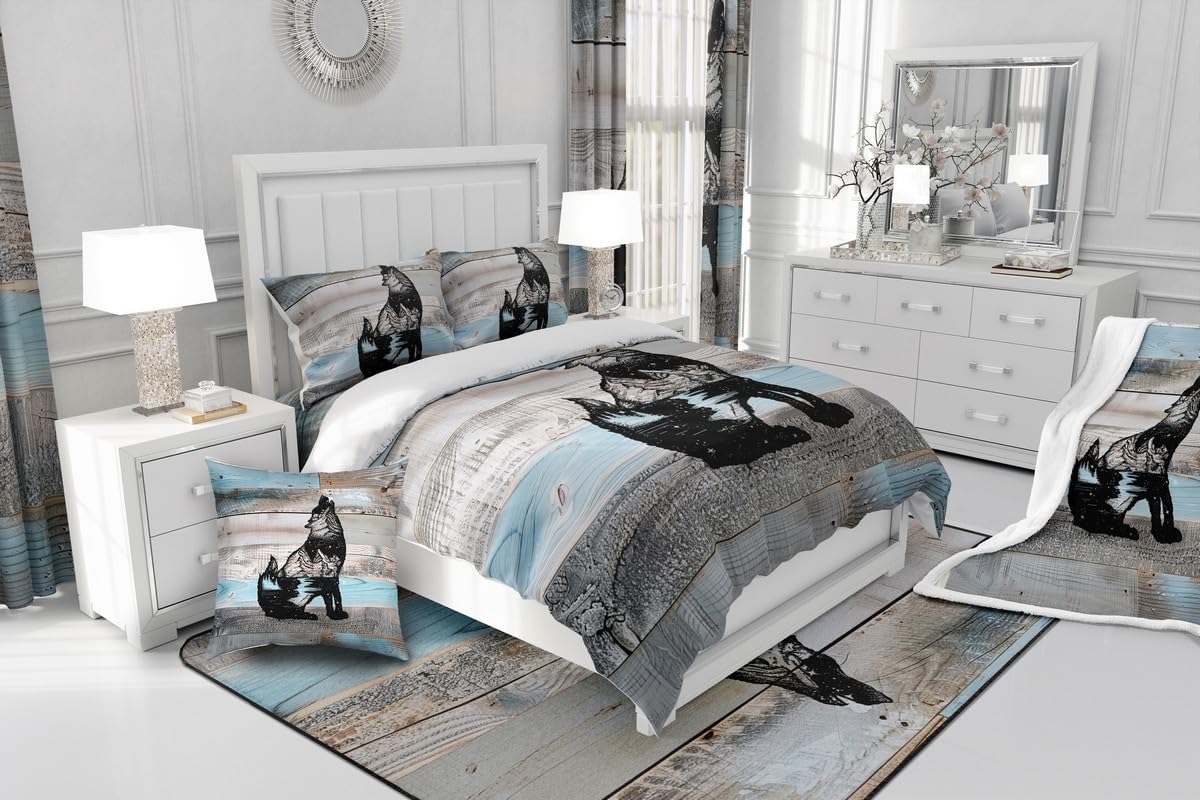 Wolf Duvet Cover Queen Rustic Farmhouse Style Bedding Set,Lodge Cabin Wood Comforter Cover Grey Blue Wooden Plank Woodland Wildlife Bed Set,Western Wild Animal Black Sketch Drawing Room Decor